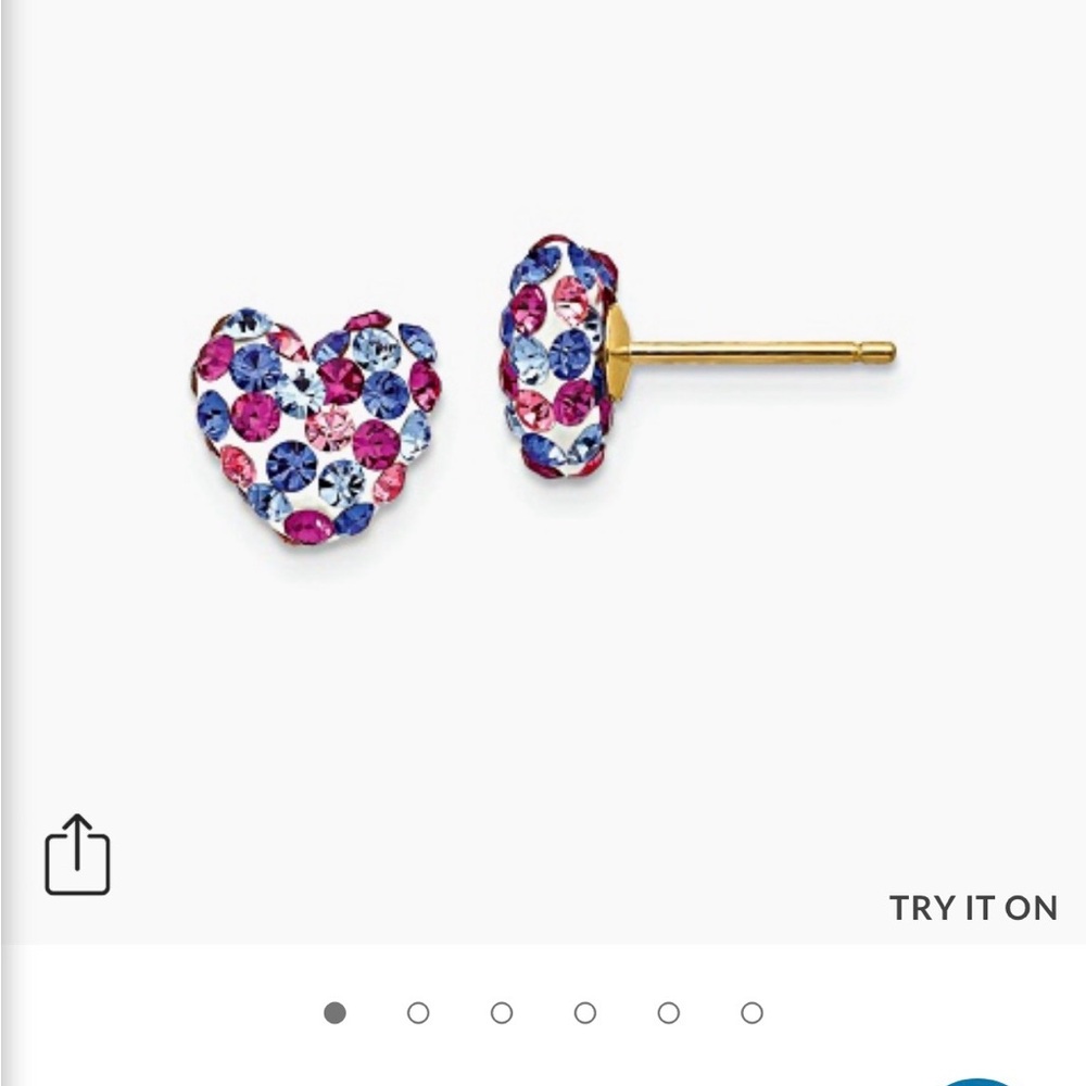 14k solid gold Heart Crystal Stud Earrings - Red, clear & Blue